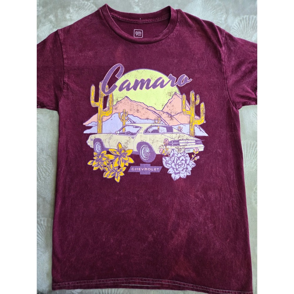 GM Chevrolet Camaro 1981 Desert Graphic T-Shirt Maroon Mineral Wash Small